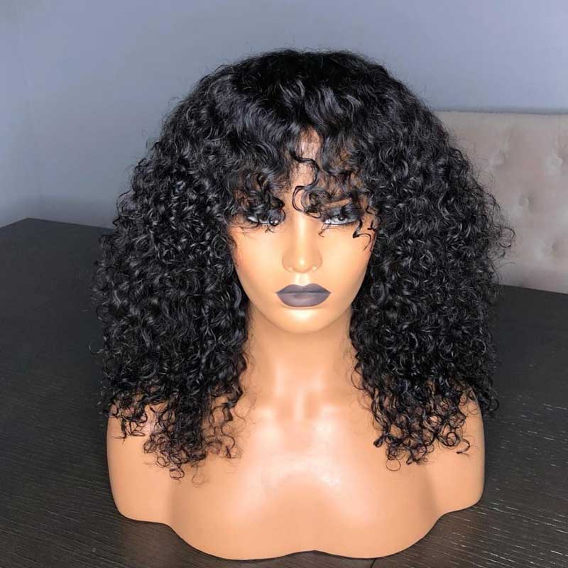 QVR 12A Grade Kinky Curly Wig Brazilian Human Hair Wigs With Bangs Full Machine Made Fringe Wigs