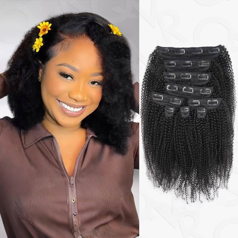QVR Invisible 9PCS Weft Clip In Hair Extensions 5PCS Volumizer Afro Kinky Curly PU Clip In Human Hair