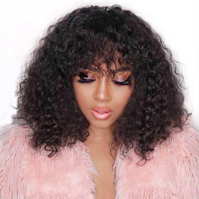 QVR 12A Grade Kinky Curly Wig Brazilian Human Hair Wigs With Bangs Full Machine Made Fringe Wigs