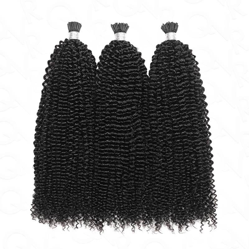 QVR Afro Kinky Curly I Tip Hair Extensions Natural Black Human Hair