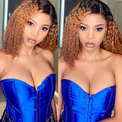 QVR Ombre 1B/30 Curly Brazilian Human Hair Wigs 13x4/4x4 Lace Frontal Short Bob Wig