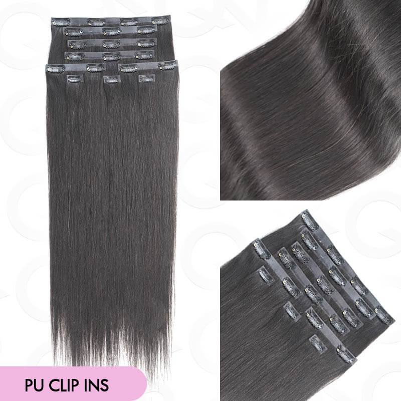 QVR Invisible 9PCS Weft Clip In Hair Extensions 5PCS Volumizer Natural Straight PU Clip In Human Hair