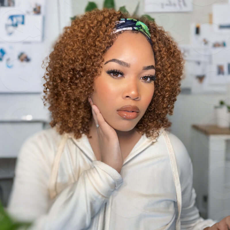 QVR Glueless Auburn Brown Kinky Curly Half Wig 250% Density Human Hair Wig Wear Go Flip Over Wig
