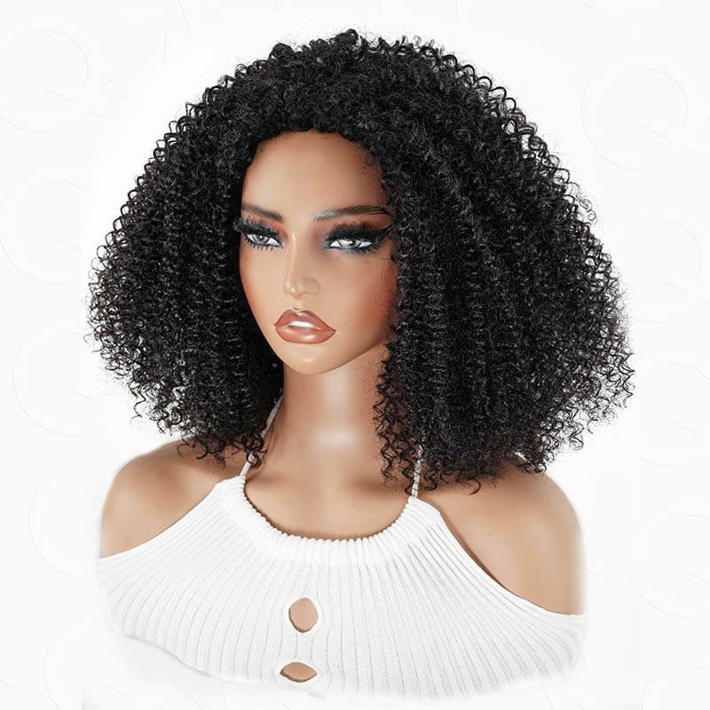 QVR Glueless Auburn Brown Kinky Curly Half Wig 250% Density Human Hair Wig Wear Go Flip Over Wig