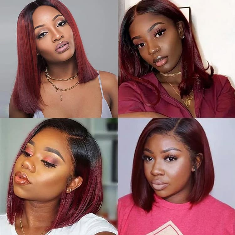 QVR 1B/99J Burgundy Color Hair Short Bob Wigs Straight Human Hair Wigs Short Lace Wigs With Dark Roots