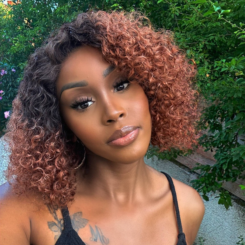 QVR Glueless Pre-cut 4X6 Lace Closure Side Part Wigs Short Bob Curly Mix Brown Human Hair Wigs