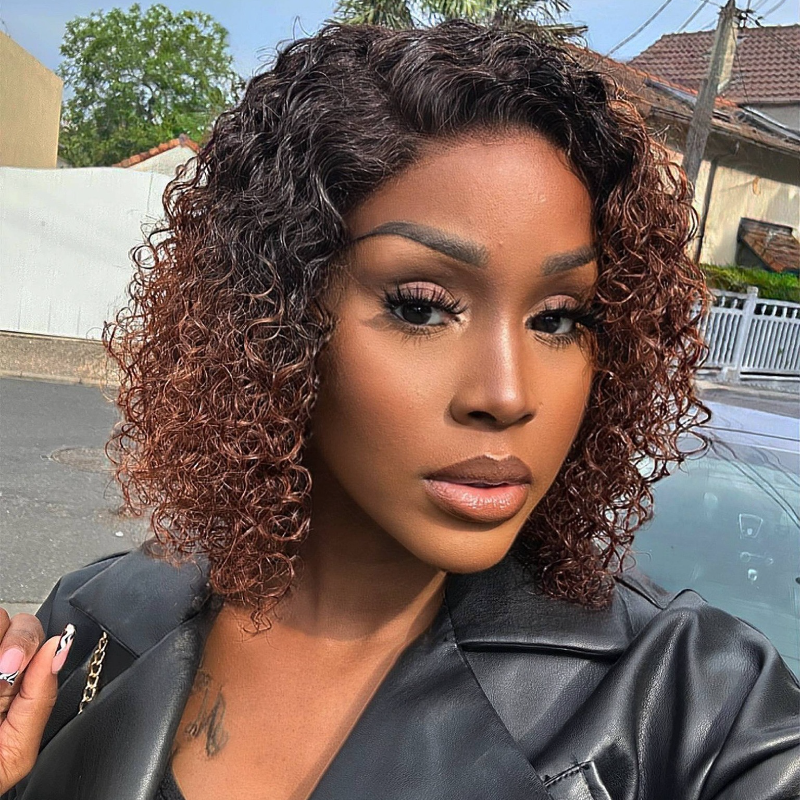 QVR Glueless Pre-cut 4X6 Lace Closure Side Part Wigs Short Bob Curly Mix Brown Human Hair Wigs