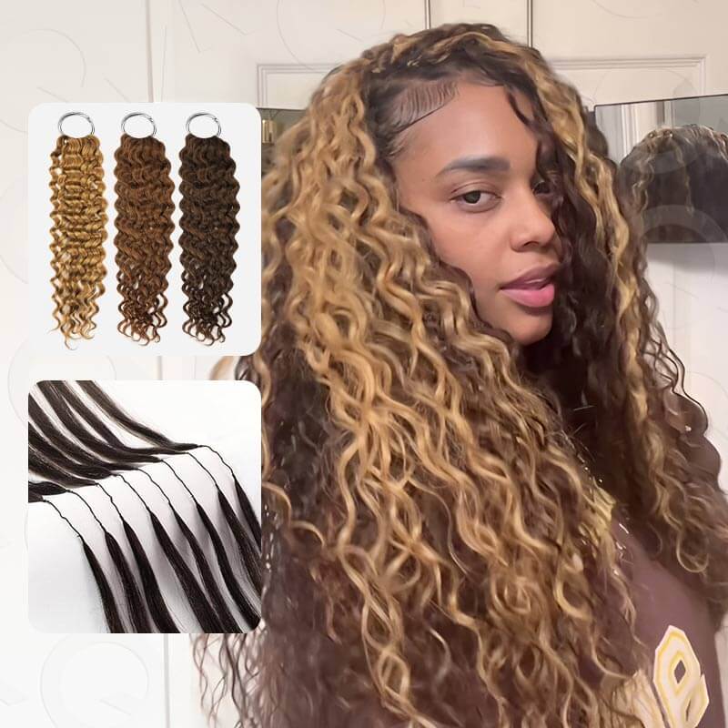 QVR Highlight Crochet Hair Water Wave #4+#30+#27 Machine Made Feather Human Hair Extension