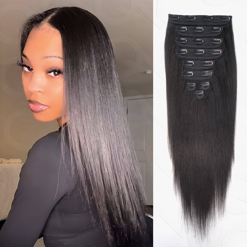 QVR Invisible 9PCS Weft Clip In Hair Extensions 5PCS Volumizer Natural Straight PU Clip In Human Hair