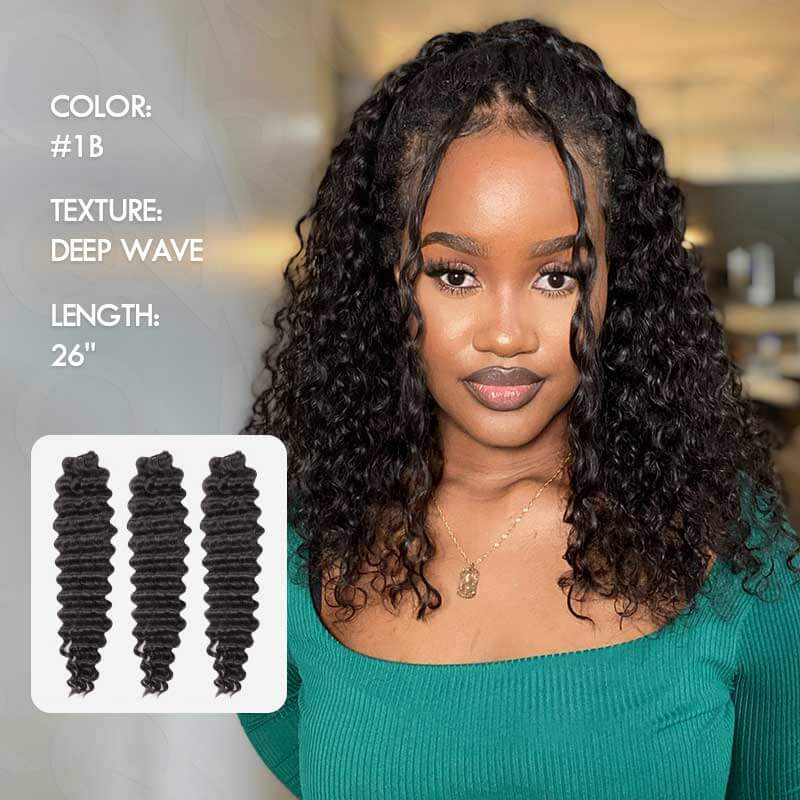 QVR Soft Deep Wave Feather Crochet Braid Natural Black Human Hair Extensions