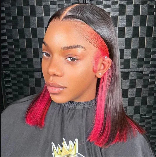 QVR Glueless 13x4 Peekaboo Highlights Red Colored Transparent Lace Human Hair Bob Wigs
