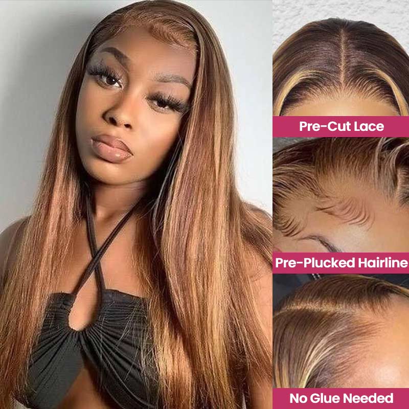 QVR Gluless Pre-cut 13x4 HD Lace Frontal Human Hair Wigs Straight Piano Highlight Brown Wear & Go Wigs