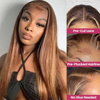 QVR Gluless Pre-cut 13x4 HD Lace Frontal Human Hair Wigs Straight Piano Highlight Brown Wear & Go Wigs