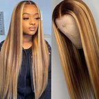 QVR Gluless Pre-cut 13x4 HD Lace Frontal Human Hair Wigs Straight Piano Highlight Brown Wear & Go Wigs