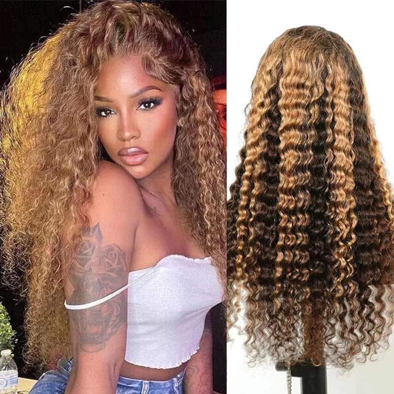 QVR Glueless Pre-cut 4x4 HD Lace Closure Human Hair Wigs Deep Wave Piano #4/27 Highlight Wear & Go Wigs