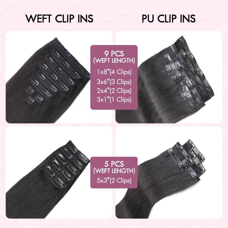QVR Invisible 9PCS Weft Clip In Hair Extensions 5PCS Volumizer Natural Straight PU Clip In Human Hair