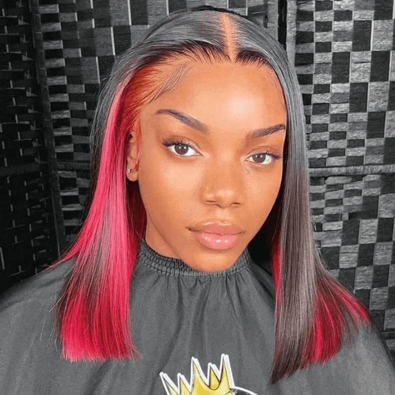 QVR Glueless 13x4 Peekaboo Highlights Red Colored Transparent Lace Human Hair Bob Wigs