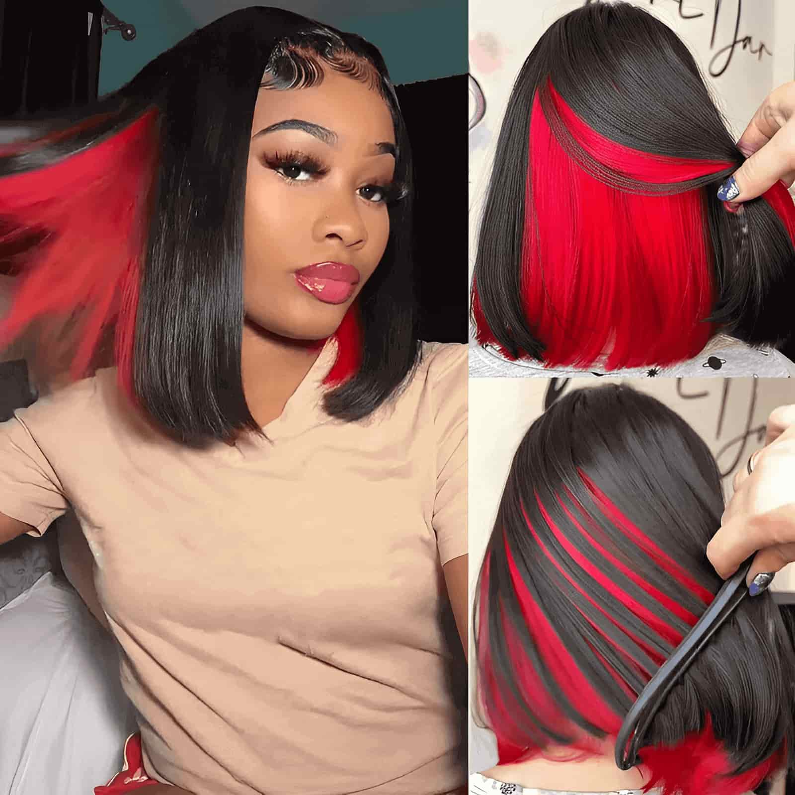 QVR Glueless 13x4 Peekaboo Highlights Red Colored Transparent Lace Human Hair Bob Wigs