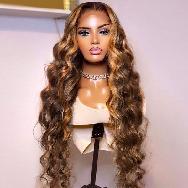 QVR 13x4 Transparent Lace Front Body Wave Wig Honey Blonde Piano Highlights Human Hair Wigs