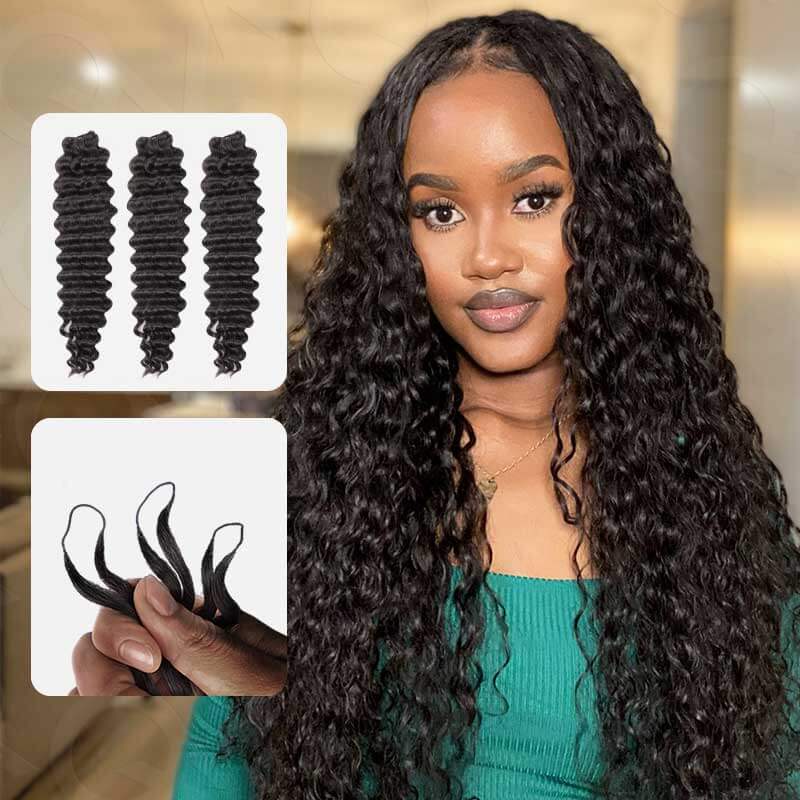 QVR Soft Deep Wave Feather Crochet Braid Natural Black Human Hair Extensions
