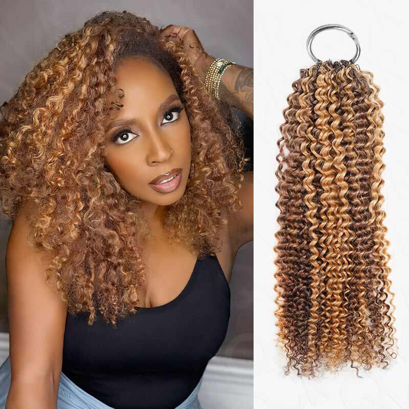 QVR Seamless Small Kinky Curly Feather Crochet Hair Highlight #P4/27 Machine Made Human Hair Extensions