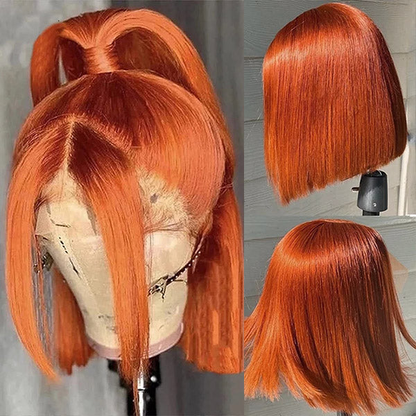 QVR Ginger Short Bob Wigs 4x4 13x4 Straight Human Hair Wig 180% Lace Front Orange Wigs