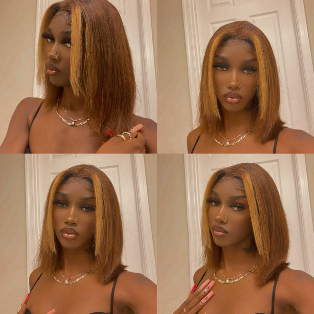 QVR Skunk Stripe Highlight Color Short Bob Wig 13x4 Lace Frontal Wig Chocolate Color Human Hair 12 inches H427