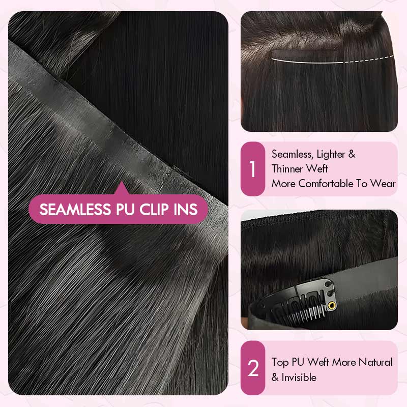 QVR Invisible 9PCS Weft Clip In Hair Extensions 5PCS Volumizer Natural Straight PU Clip In Human Hair