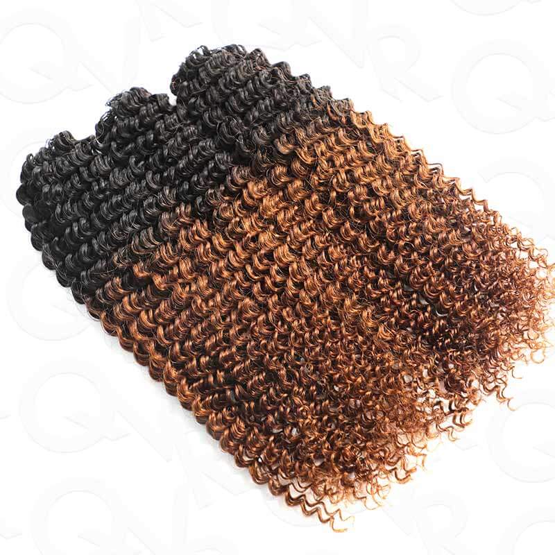 QVR Premium Chinese Hair Small Kinky Curly Virgin Human Crochet Hair Ombre #T1B/30 Machine Made Feather Crochet Hairstyles