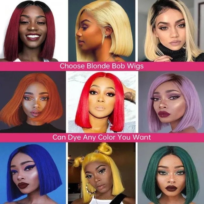 QVR 613 Blonde Short Bob Wigs T Lace 13x4 Straight Human Hair Lace Front Bob Wig