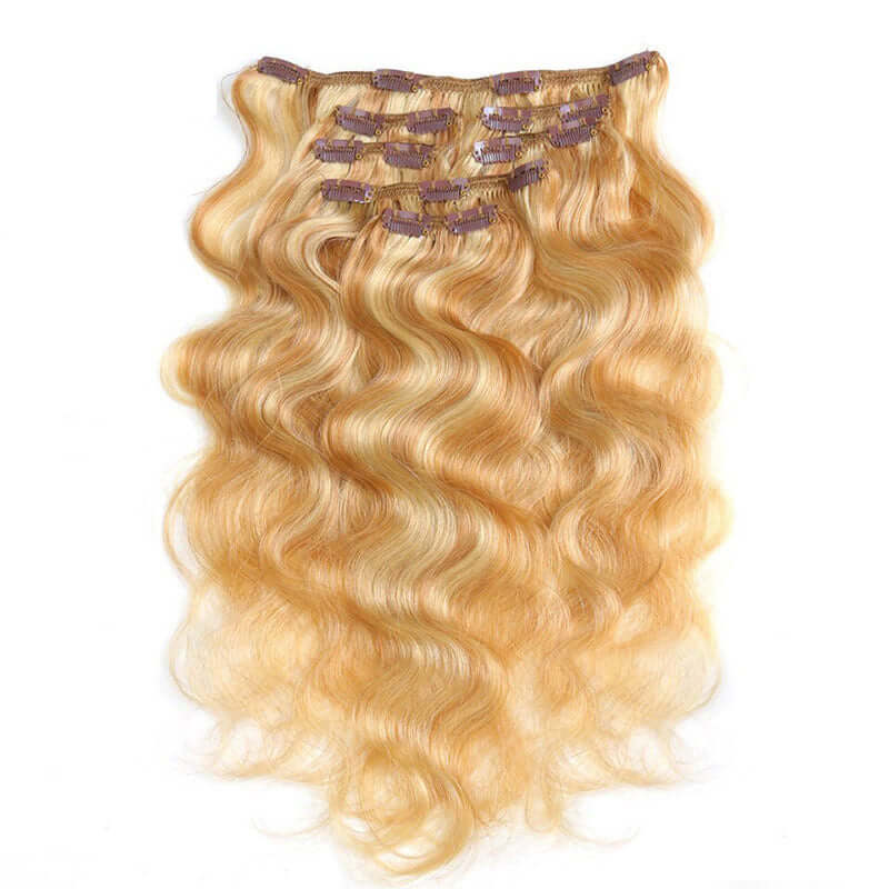 QVR Blonde Body Wave Hair 7Pcs Clip in Hair Extension Brazilian Highlight Color Virgin Human Hair